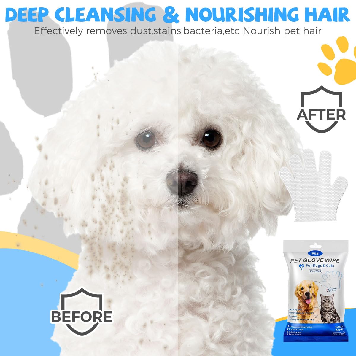 Qpets Pet Grooming Mitts 6 Counts for Dogs and Cats with Waterless Cleaning | Gentle Fur and Dirt Removal