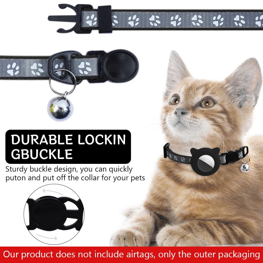 Qpets® Black Cat Collar, Cat Collar with Silicone Airtag Holder Cute Cat Collar with Bell Quick ReleaseAdjustable Cat Collar