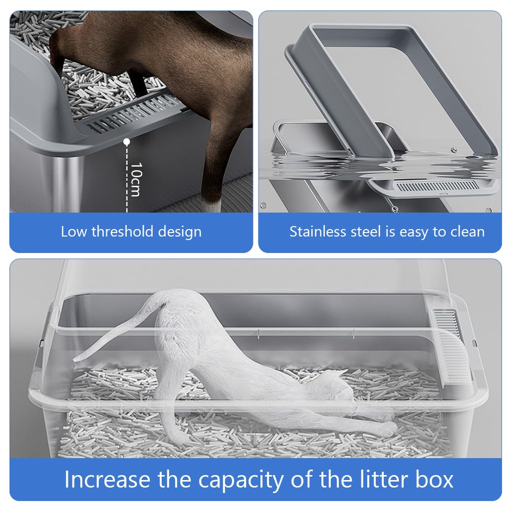 Qpets Cat Litter Box 50x35x20cm for Under 10kg Cats with Anti Tip Base and 304 Stainless Steel Walls | Includes Scoop and 4 Non Slip Mats