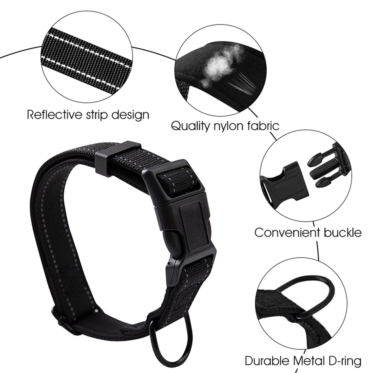 Reflective Strong Dog Collar for Medium Large Dogs, Nylon Tactical Dogs Collar with Reflective Safety Strip Leash Ring, Dog Training Collar Quick Release Buckle(L, 18.9''-23.2'')