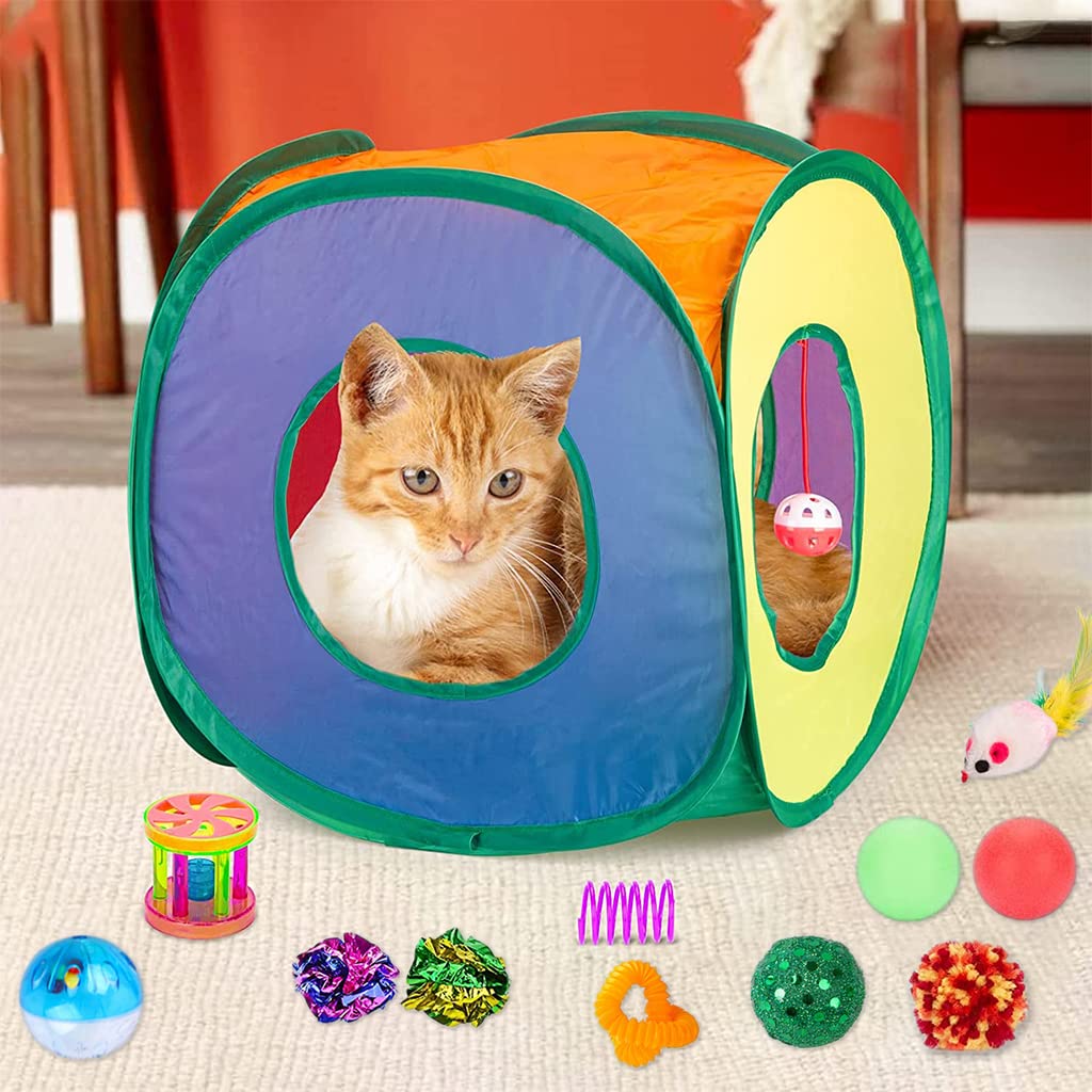 Qpets Cat Toys Set for Indoor Cats with 20 Pcs and Collapsible Tunnel | Interactive Play