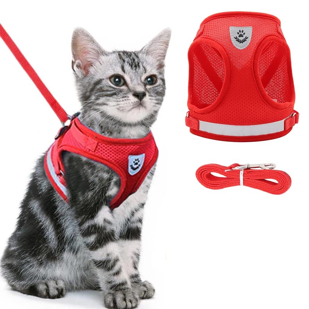 Cat Vest Harness with 1.2m Dog Leash Adjustable Size Dog Vest Harness Breathable Mesh Fabric with Safety Reflective Strip Dog Harness for Cat(S, red)