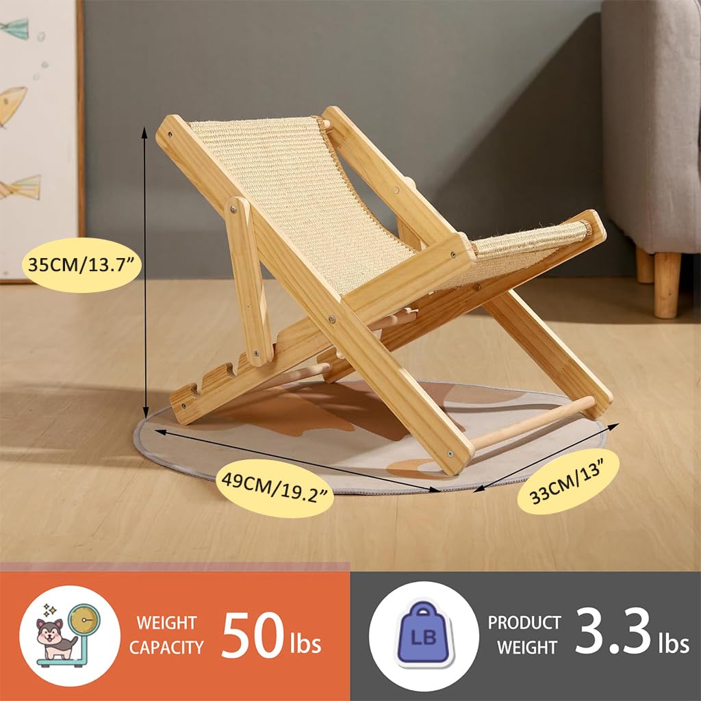Qpets Cat Scratcher Bed for Relaxation and Furniture Protection with Adjustable Height | 23.6 x 15.7 x 3.9 in Sisal Hemp Wooden Chair