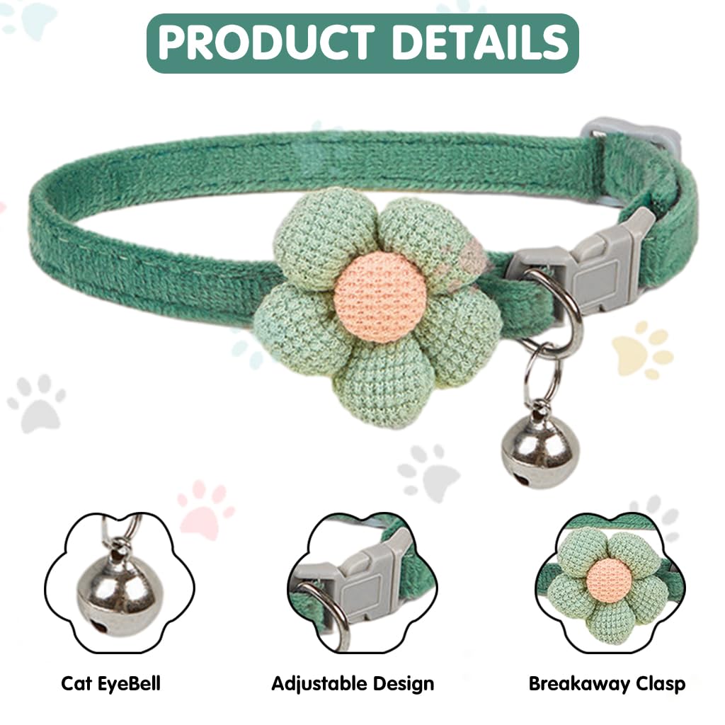 Qpets Cat Collar with Quick Release Buckle and Bell featuring Crochet Flower 19–32cm Adjustable Plush Green