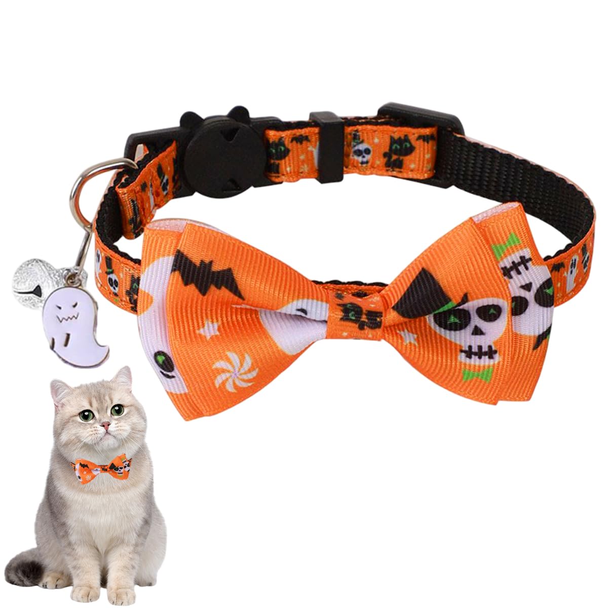 Qpets Halloween Cat Collar with Bell featuring Orange Skeleton Prints and Quick Release Buckle