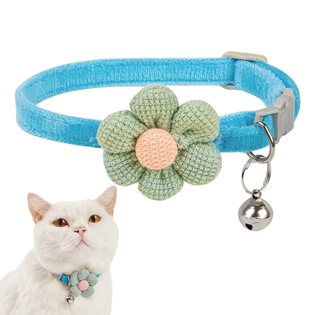 Qpets Cat Collar with Bell featuring Quick Release Buckle and Adjustable 19–32cm Fit | Soft Blue Plush with Crochet Flower
