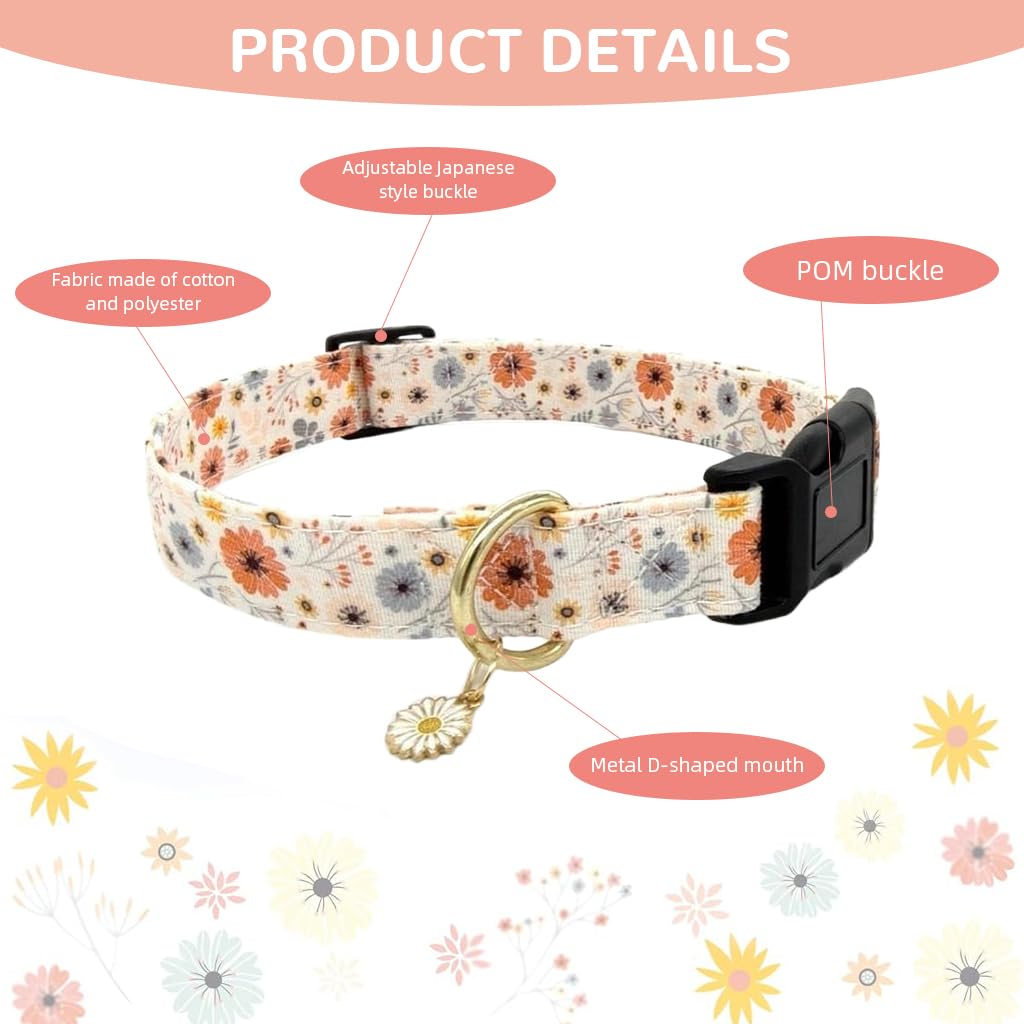 Qpets Floral Dog Collar for Small to Medium Dogs featuring Daisy Pendant Charm and Metal D Ring | Adjustable 32–50cm Soft Fabric