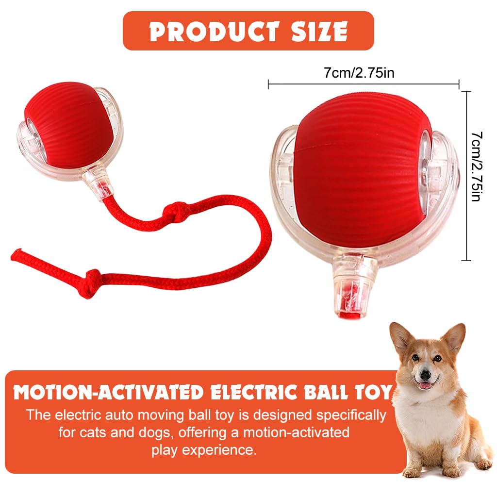 Qpets® Dog Ball Toy Electric Fun Ball Toy for Cats Dogs Motion Activated Cat Chasing Ball Toy with Red Rope Tail Auto Escaping Ball Toy with 3 Modes LED Moving Ball Toy 5-Mins Auto Off Setting