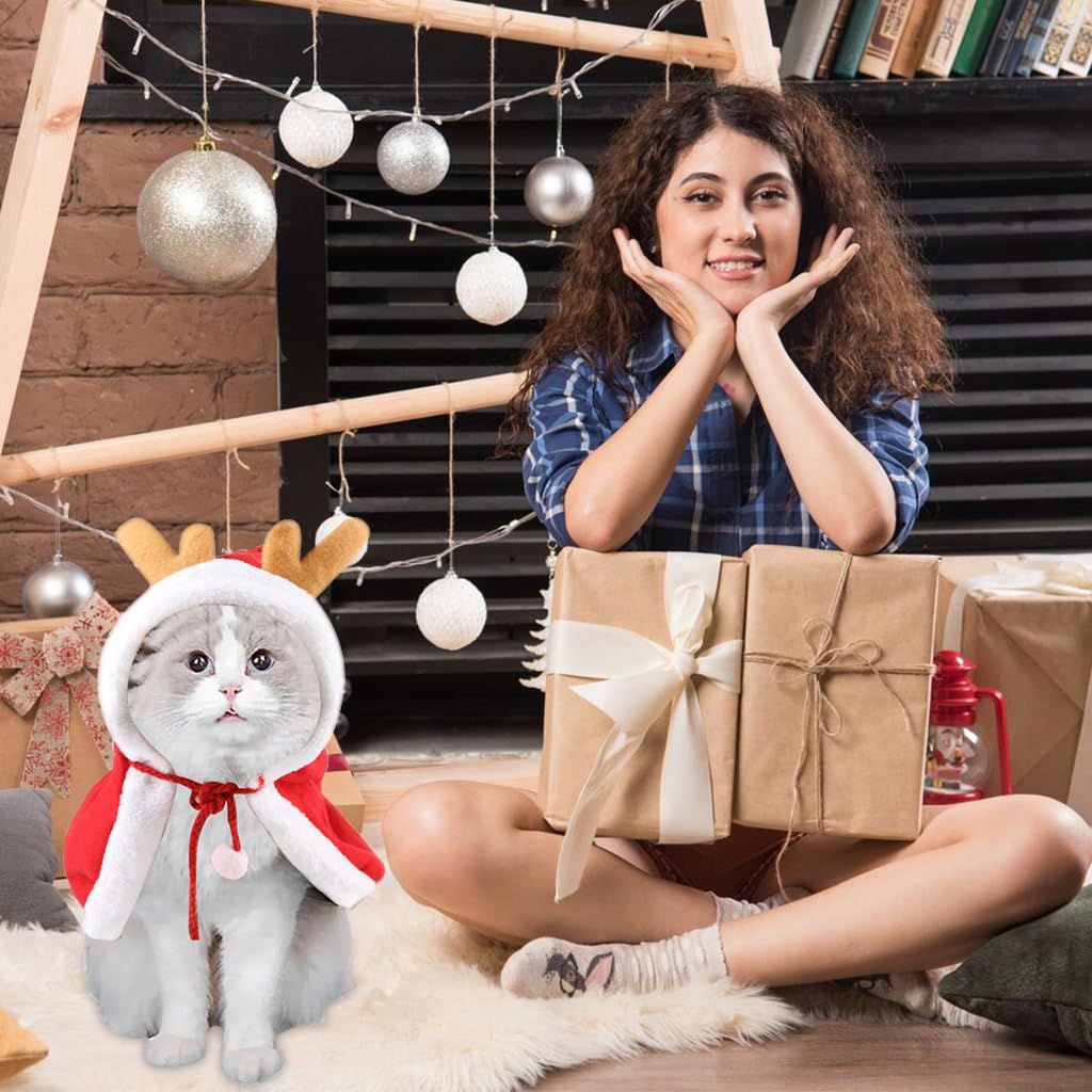 Qpets Christmas Cat Clothes for Parties with Adjustable Drawstring Hat and Soft Plush | Neck 37 cm