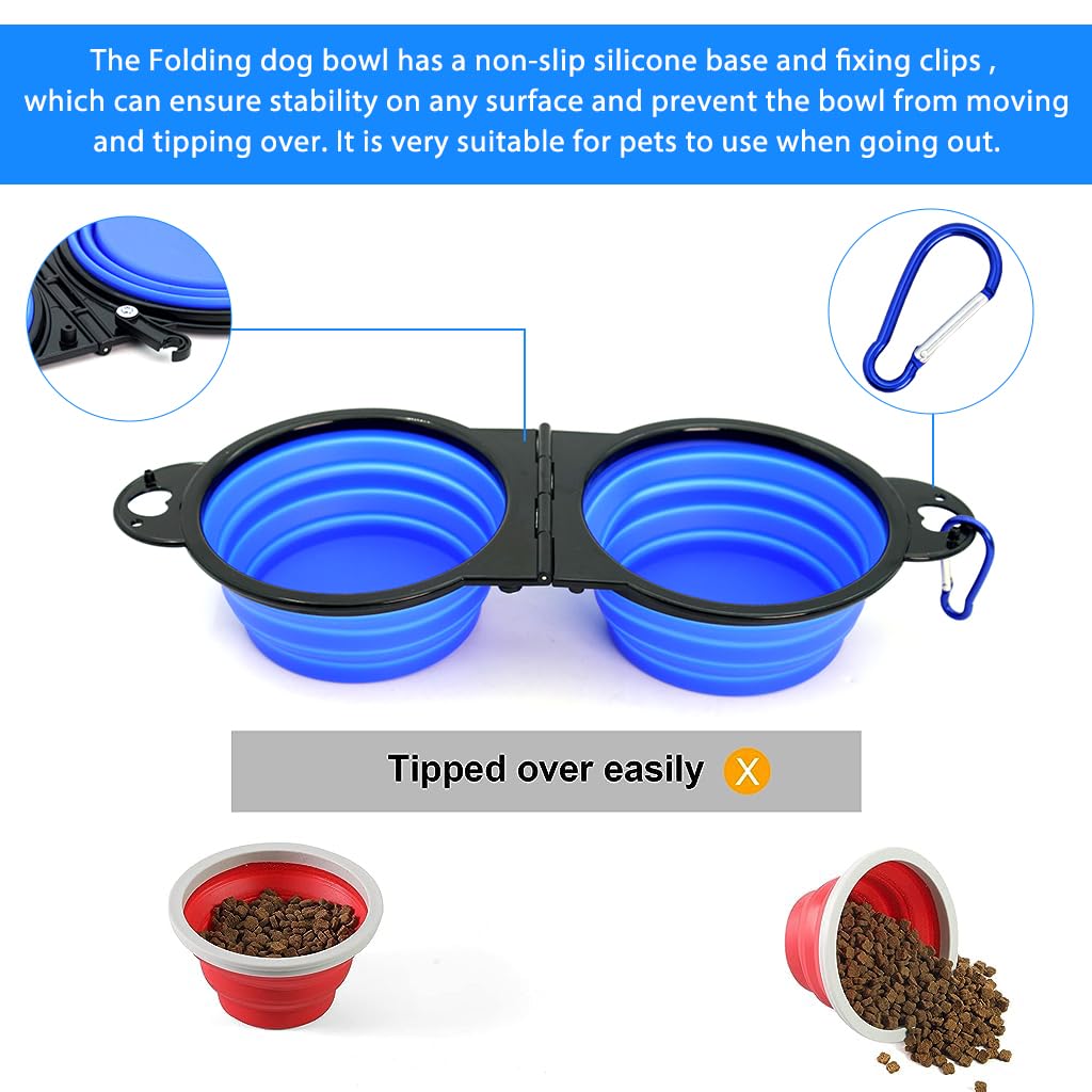 Qpets Dog Bowl for Travel and Hiking featuring 2 in 1 Bifold Design with Carabiner | Food Grade Silicone