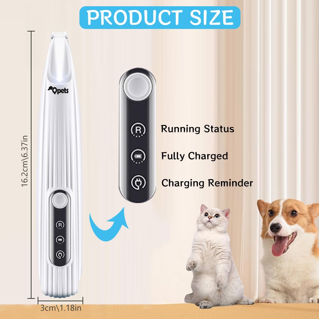 Qpets Dog Paws Hair Trimmer with LED Light for Small Areas and 16CM Design | Rechargeable Quiet Grooming Tool