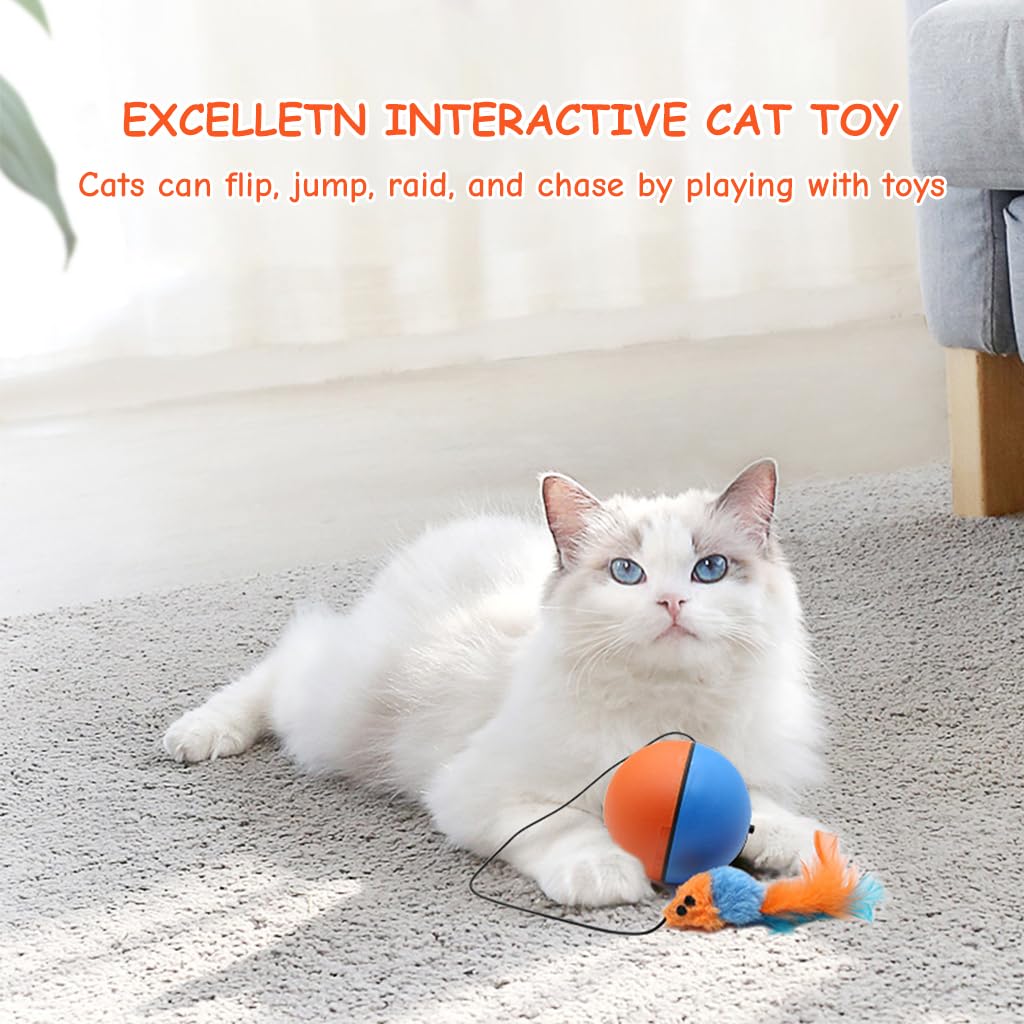 Cat Toy Electric, Cats Teasing Toy, Cat Ball Toy with Feather Tail, Chasing Game Toy, Random Turn Electric Toy, Indoor Self-Entertainment Cat Toy, Battery Powered(Battery not included)