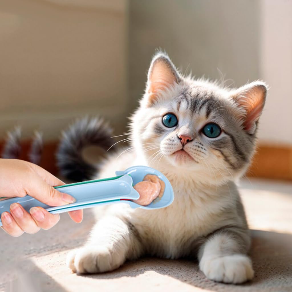 Qpets Cat Strip Feeder for Soft and Moist Treats featuring Pressing Lever Handle | Food Grade Silicone Portable Feeding Spoon in Blue