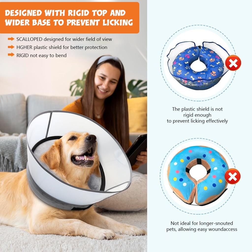 Qpets® Dog Cone Collar, Inflatable Cushion Pillow Cone Collar for Dog Adjustable Hook and Loop Closure, After Surgery Dog Recovery Cone Collar Protective Collar for Dogs Cats - L