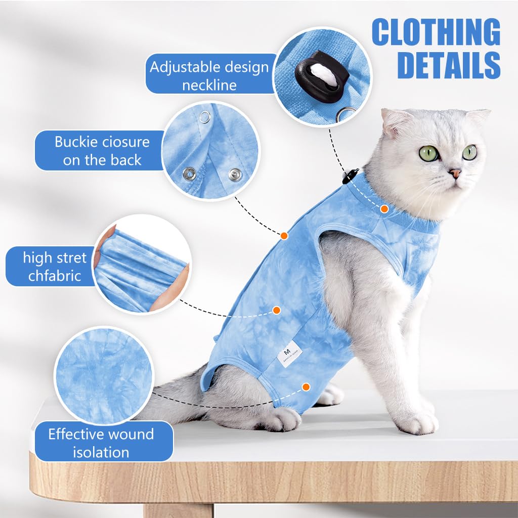 Qpets Cat Clothes for Post Surgery Recovery with Adjustable Closure and Soft Cotton Fabric | Blue Tie-dye Design M Size Back 30cm Bust 34-40cm