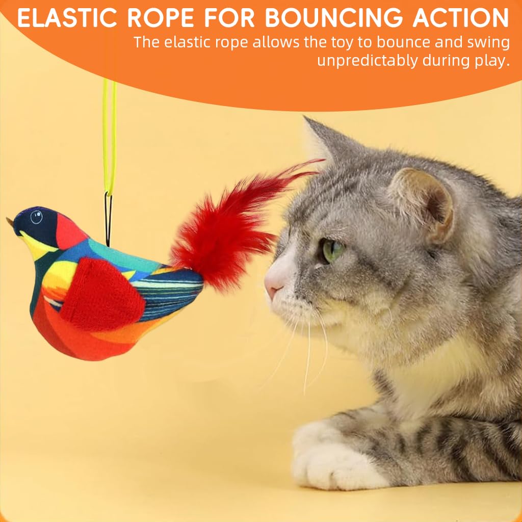Qpets Door Hanging Cat Toy for Indoor Cats with 190cm Elastic Rope & Feather Tail | Interactive Squeaky Bird Teaser