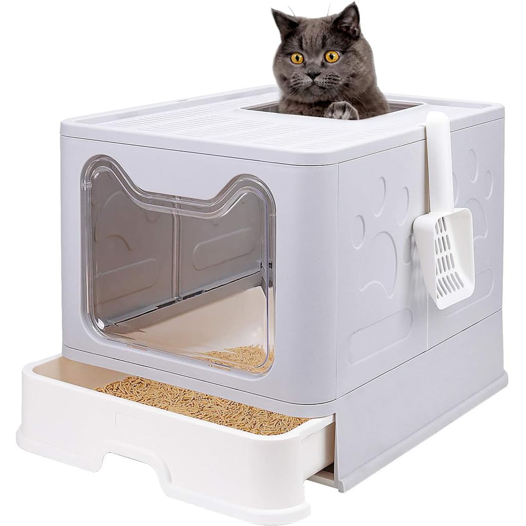 Oversized Enclosed Cat Litter Box with Odor Door, Foldable cat Litter Tray, Drawer Design Litter Box for Cats Large Size Anti Spill Easy to Clean Up(51*41*38CM)