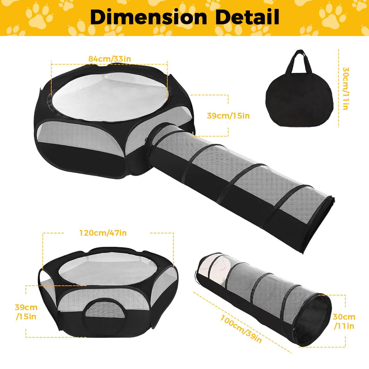 Qpets Cat Playpen for Indoor and Outdoor Use with 100cm Tunnel and 120cm Mesh Roof | Collapsible Ventilated Design