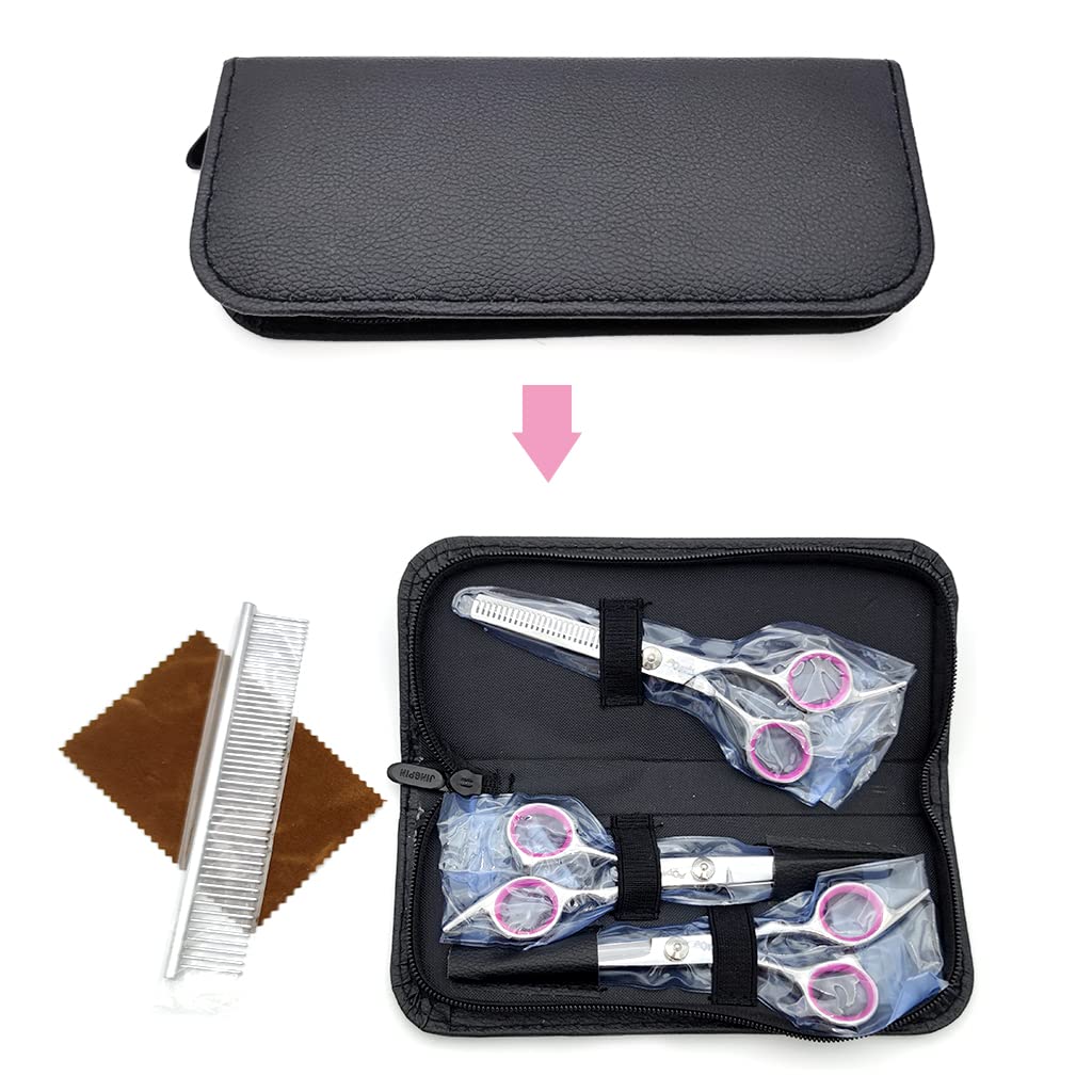 Stainless Steel Professional Dog Grooming Shears Set - Thinning, Straight, Curved Shears and Comb for Long Short Hair for Dog Cat(4 pcs)