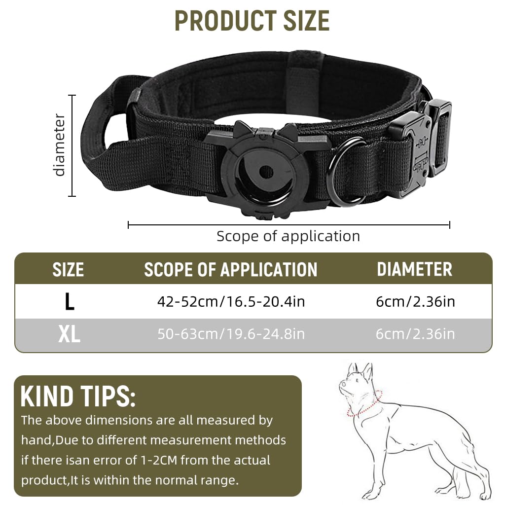Qpets Tactical Dog Collar for Large Dogs with AirTag Holder and Handle | 50–63cm Nylon