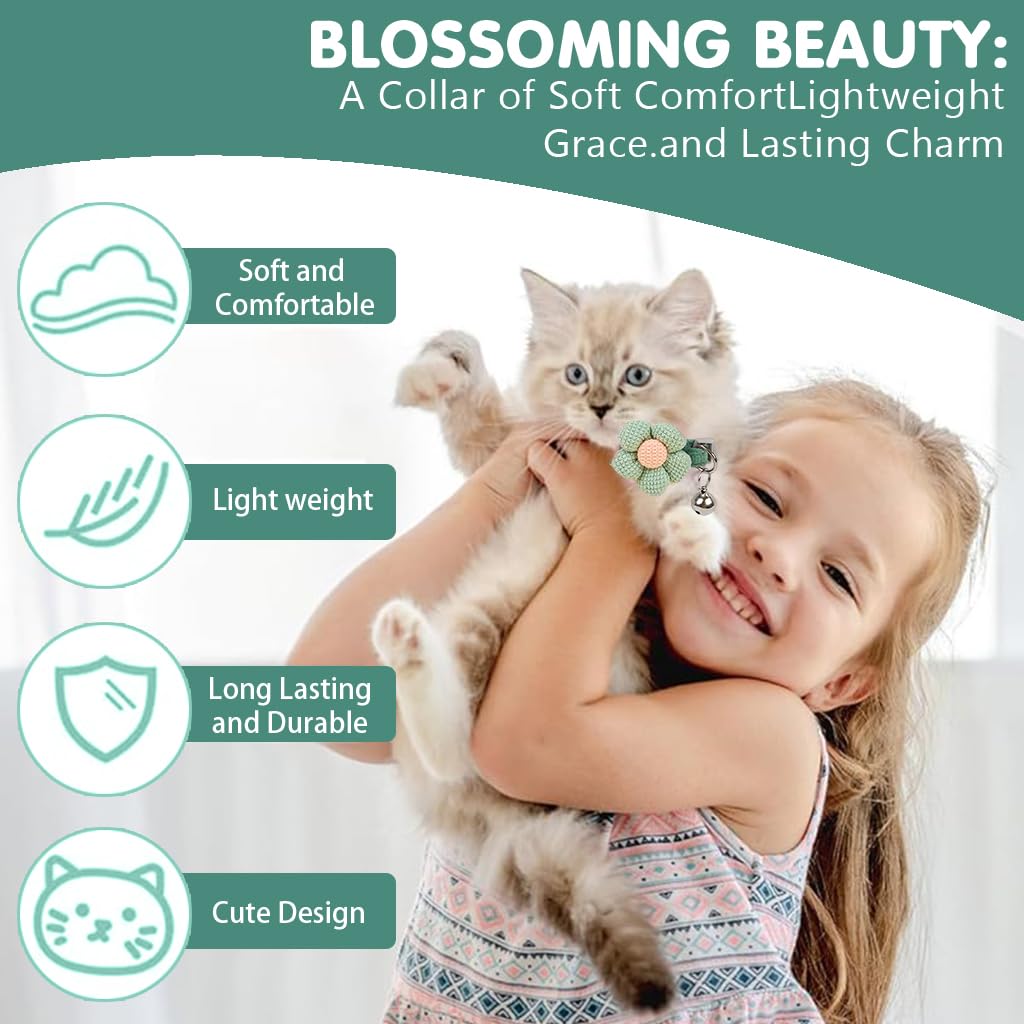 Qpets Cat Collar with Crochet Flower and Bell featuring Quick Release Soft Plush | Green 2PCS