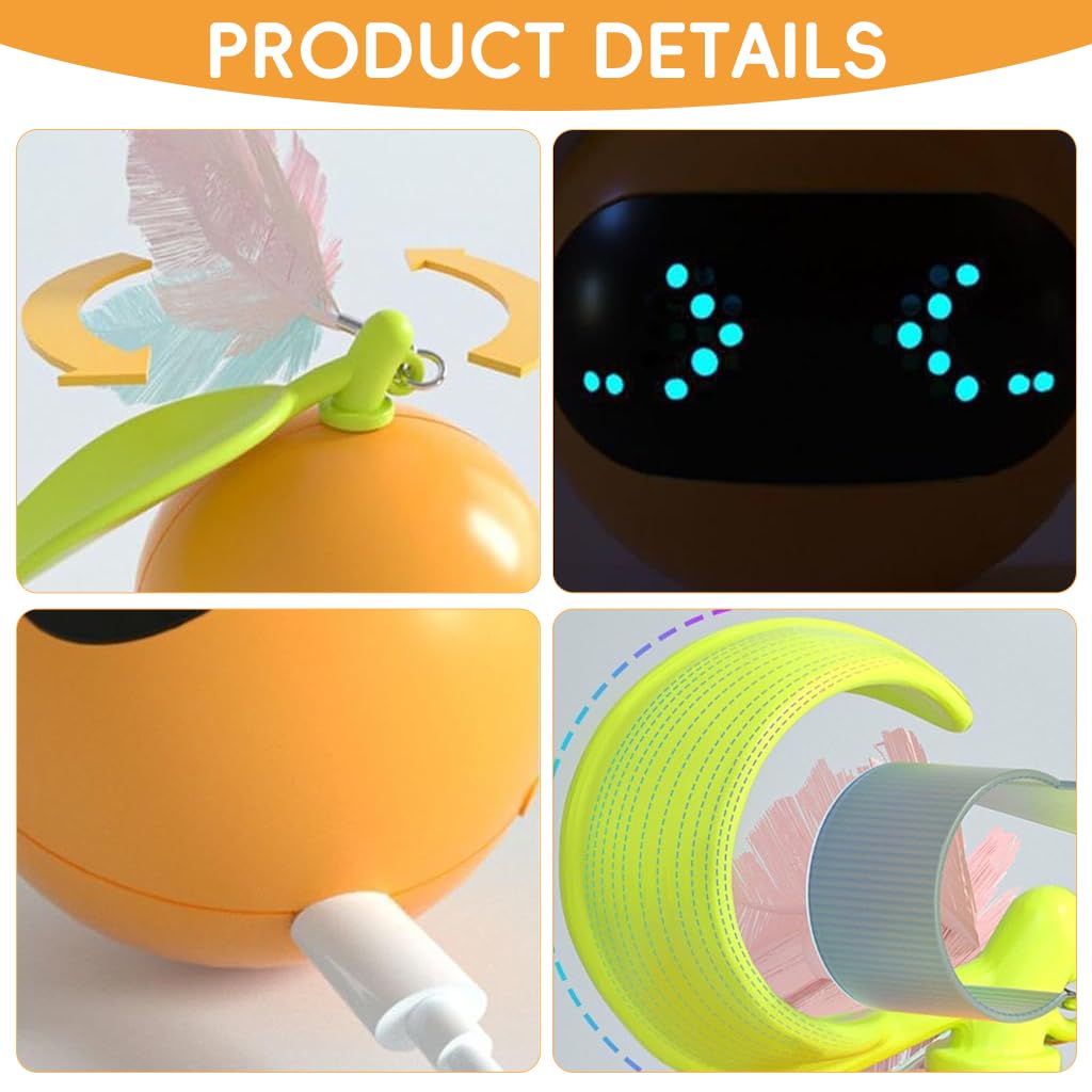 Qpets Smart Electric Cat Teaser Ball Toy with LED Light and Feather Tail for Indoor Cats
