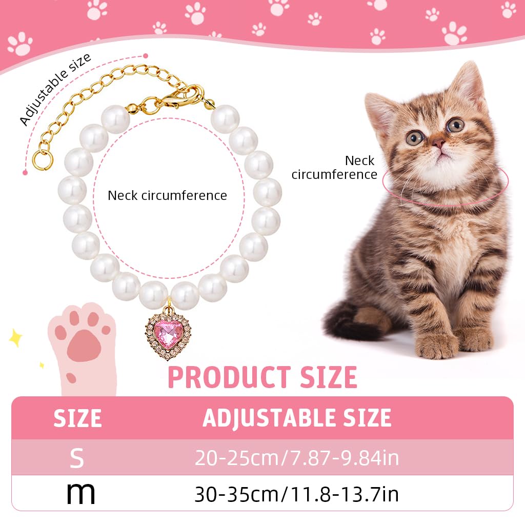 Qpets Jewelry Cat Collar for Cats and Small Dogs featuring Pink Rhinestone Heart Charm | Adjustable 20–25 cm Pearl Necklace Set 2 pcs