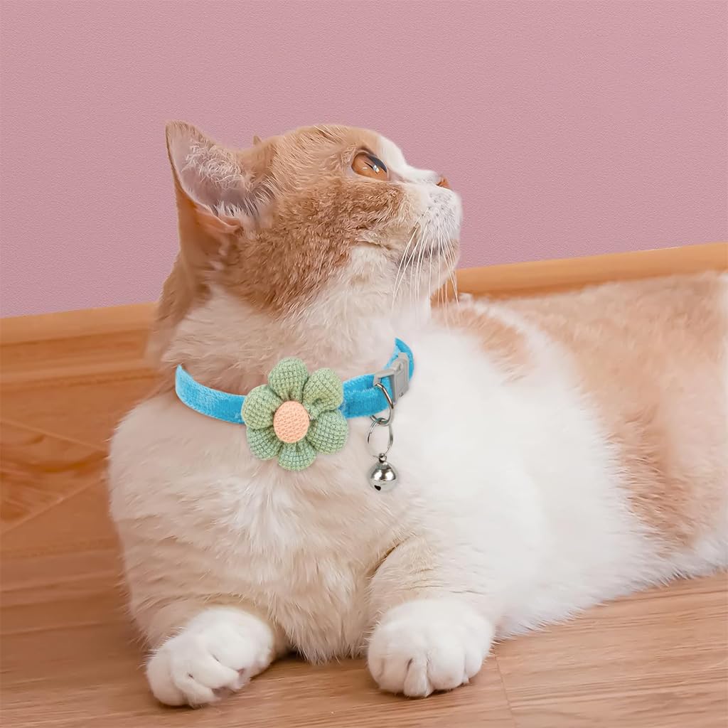 Qpets Cat Collar with Bell featuring Quick Release Buckle and Adjustable 19–32cm Fit | Soft Blue Plush with Crochet Flower