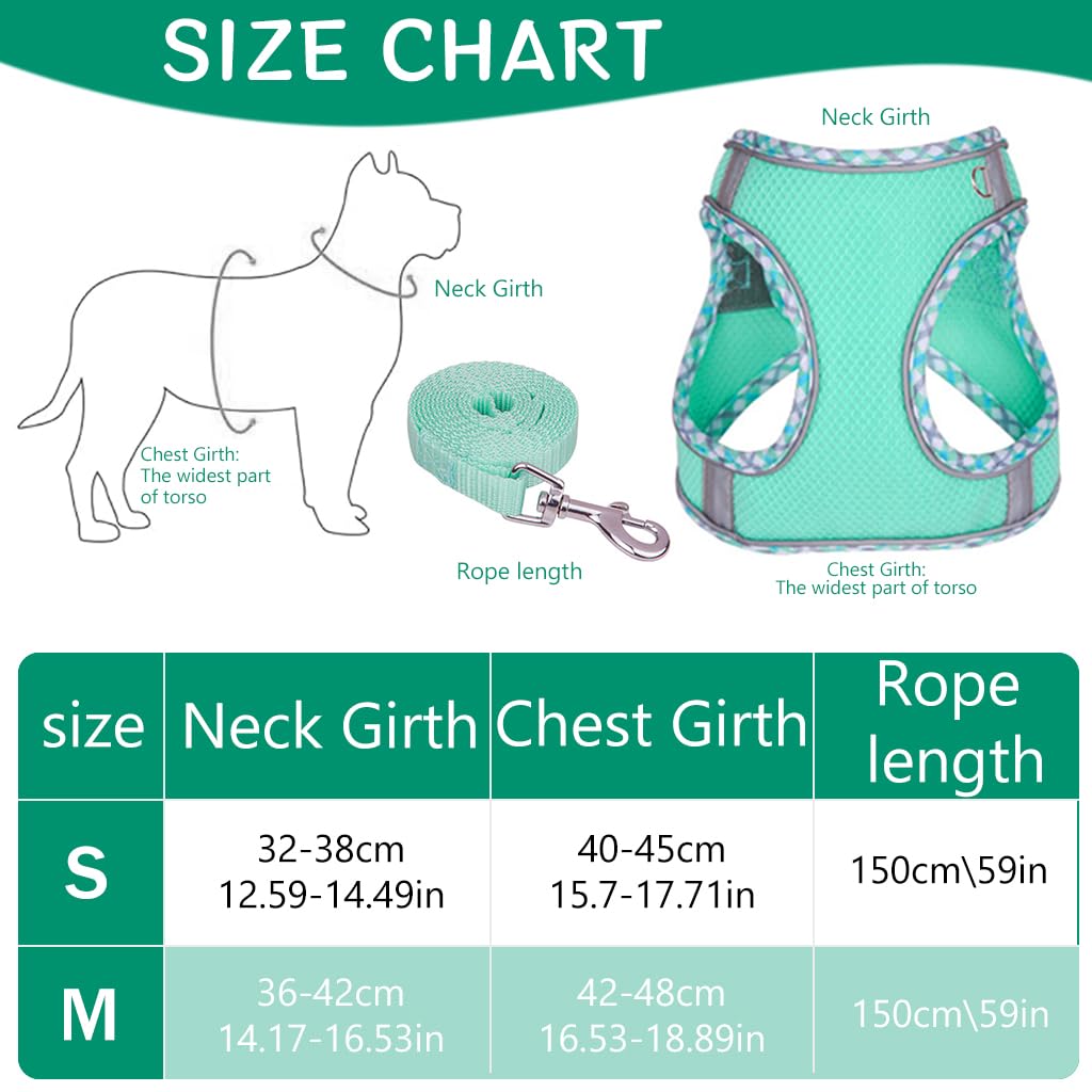 Qpets® Small Dog Harness, 4.9Ft Dog Leash Breathable Mesh Pet Harness Small Dog Vest Harness with Safe Reflective Strips No Pull Small Dog Harness (Neck: 36-42CM)