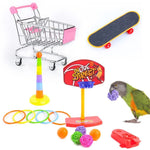 Qpets Bird Toys Set for Parrot Training with Skateboard Cart and Basketball Hoop | 7PCS Safe Plastic Accessories