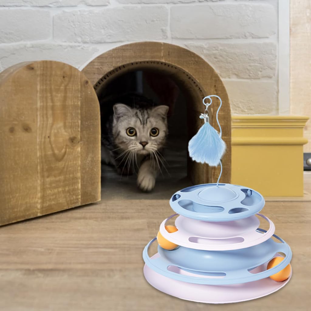 Cat Turntable Toy, 3 in 1 Cat Interactive Toys-Cat Teaser Stick, Double Track Turntable Ball, Detachable Snack Dispenser, PP Material Cat Amusement Plate Puzzle Pet Cat Toy