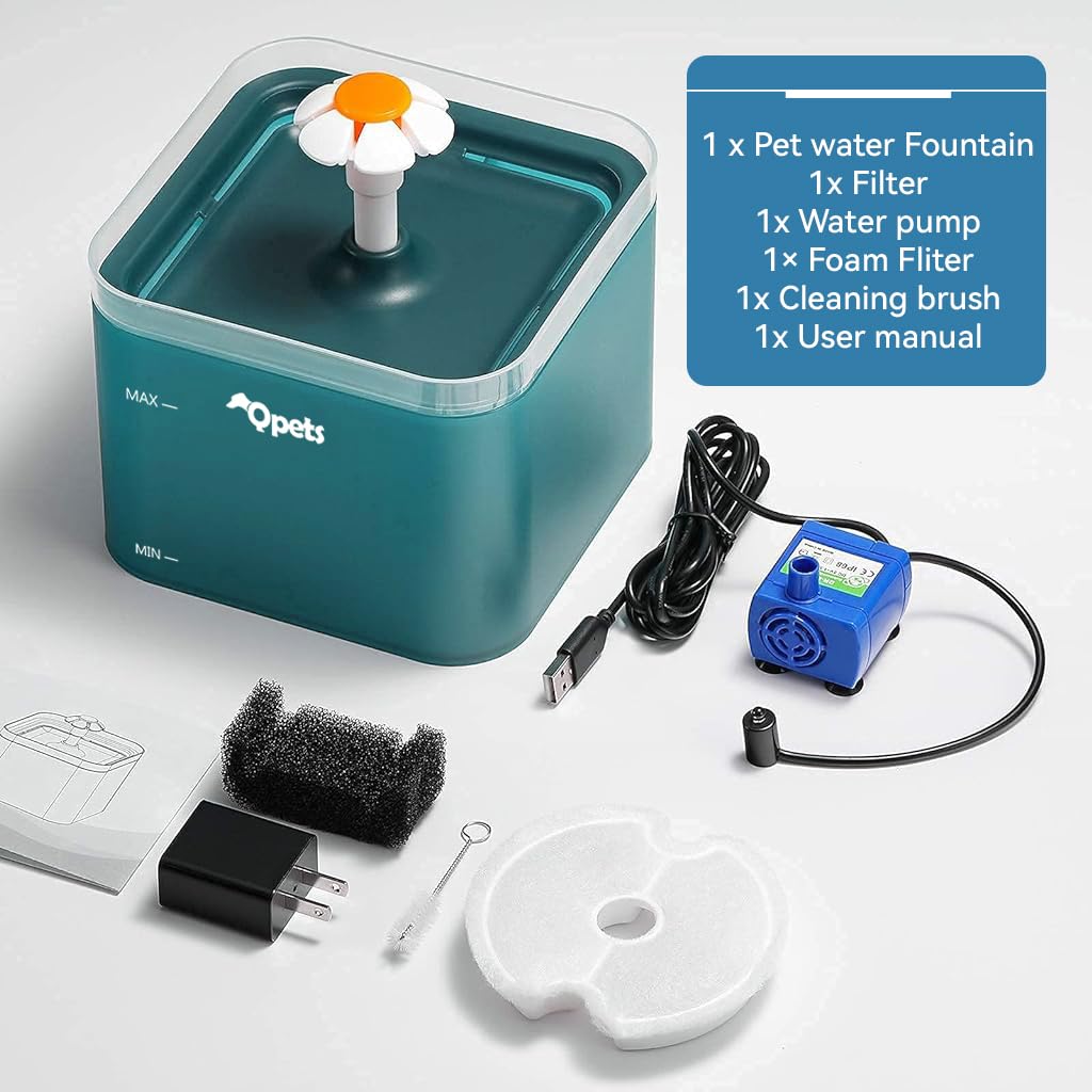 Qpets Cat Water Fountain for Cats and Dogs with 2.2L Capacity and Ultra Silent Pump | Green Twin Pack
