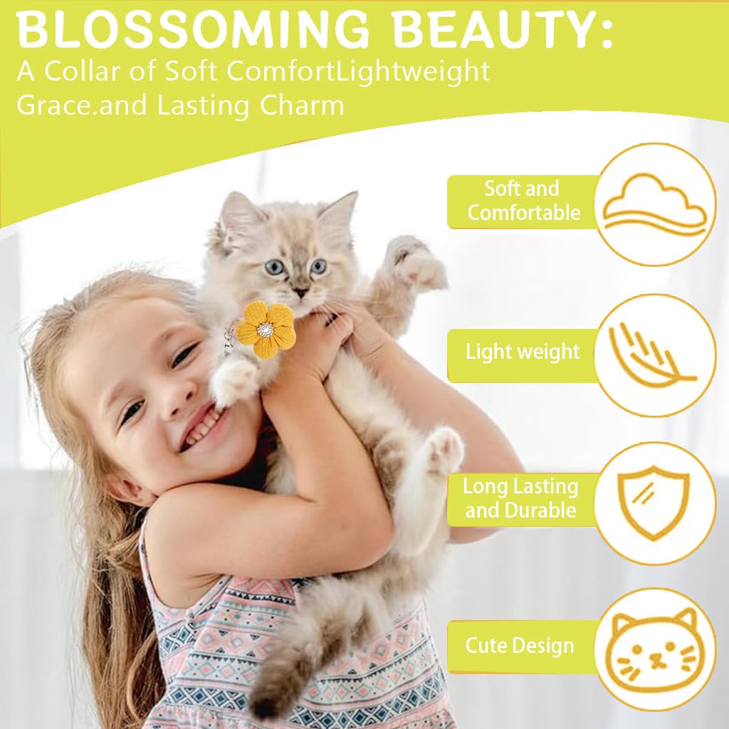 Qpets Cat Collar with Quick Release Buckle and Silver Bell | Adjustable 19–32 cm Yellow Crochet Flower