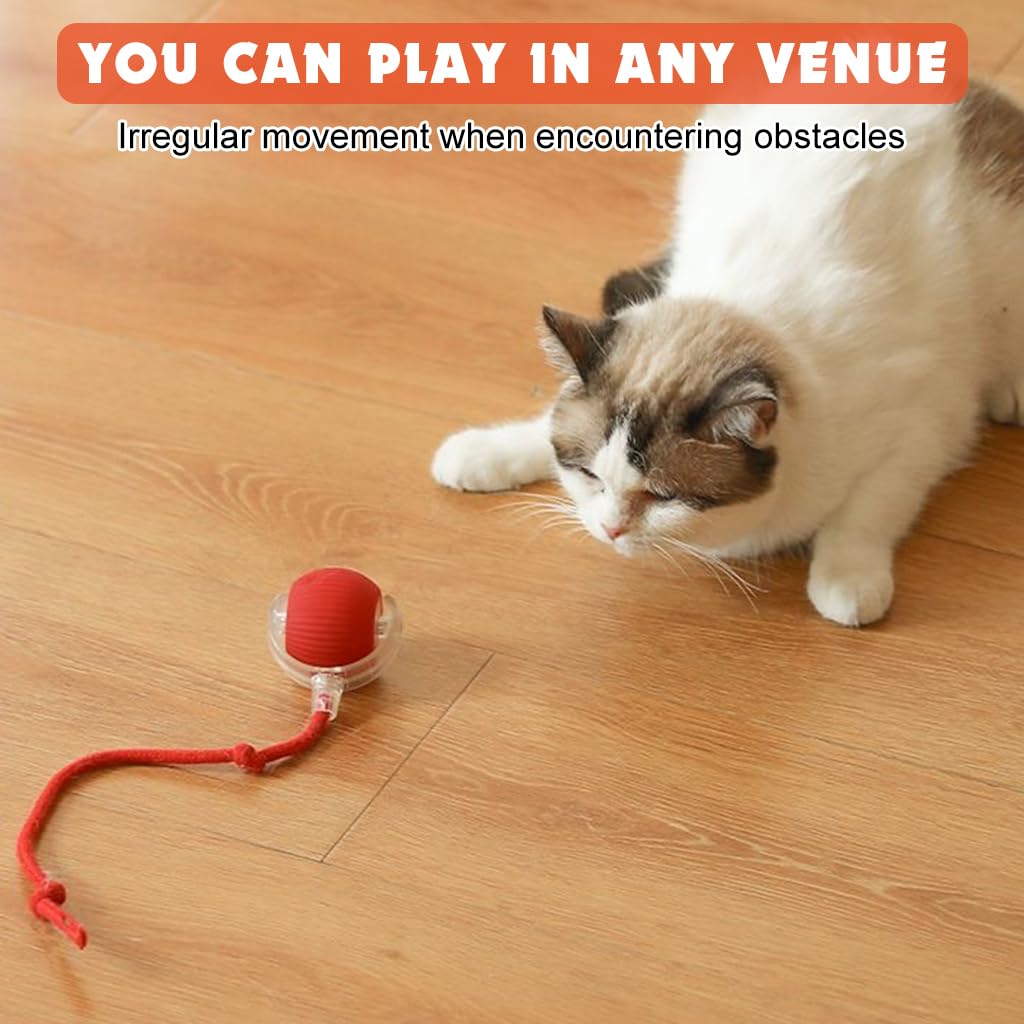 Qpets® Dog Ball Toy Electric Fun Ball Toy for Cats Dogs Motion Activated Cat Chasing Ball Toy with Red Rope Tail Auto Escaping Ball Toy with 3 Modes LED Moving Ball Toy 5-Mins Auto Off Setting