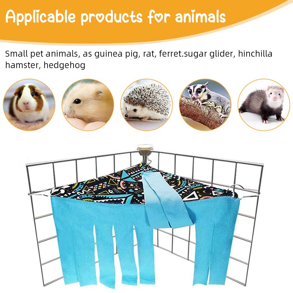 Qpets Hamsters Hammock Corner for Small Pets with 11.8 in Tassel Curtains | Easy Install Blue Hideout 30x30x42 cm