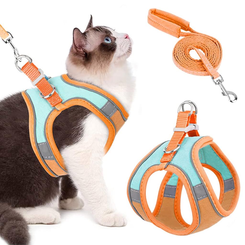 Qpets Cat Harness for Small Cats with 1.5m Leash featuring Quick Release Buckle and Reflective Strips | Adjustable Breathable Vest in Orange