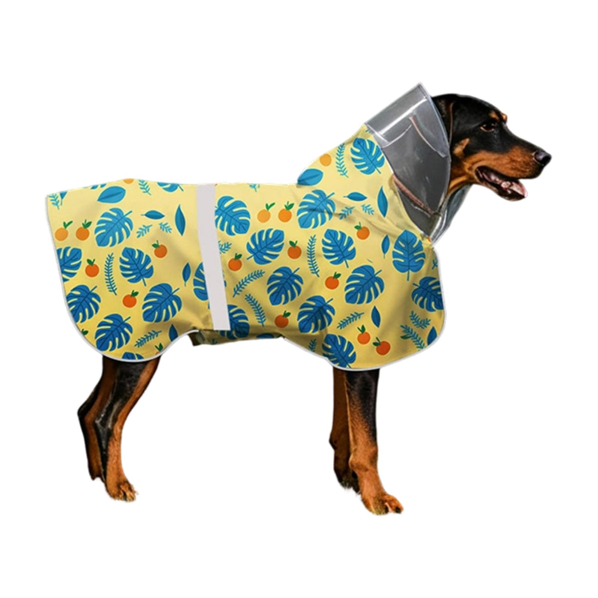 Qpets® Dog Raincoat with Clear Hood, Reflective Pet Raincoat Jacket Pet Poncho Lightweight Pet Rain Clothes with Adjustable Belly Strap Leash Hole Stylish Tropical Leaves & Orange Pattern, 2XL