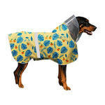 Qpets® Dog Raincoat with Clear Hood, Reflective Pet Raincoat Jacket Pet Poncho Lightweight Pet Rain Clothes with Adjustable Belly Strap Leash Hole Stylish Tropical Leaves & Orange Pattern, 2XL