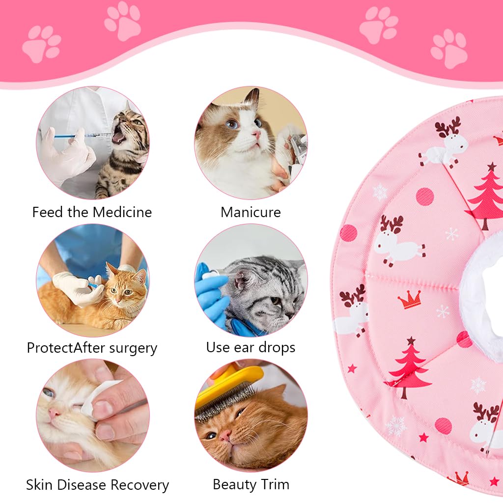 Qpets® Cat Collar Cat Cone Waterproof Cat Cone Adjustable Drawstring Collar Polyester Cat Cones After Surgery Pet Cat Recovery Cone Collar Cute Print Cone Collar for Cats (L)