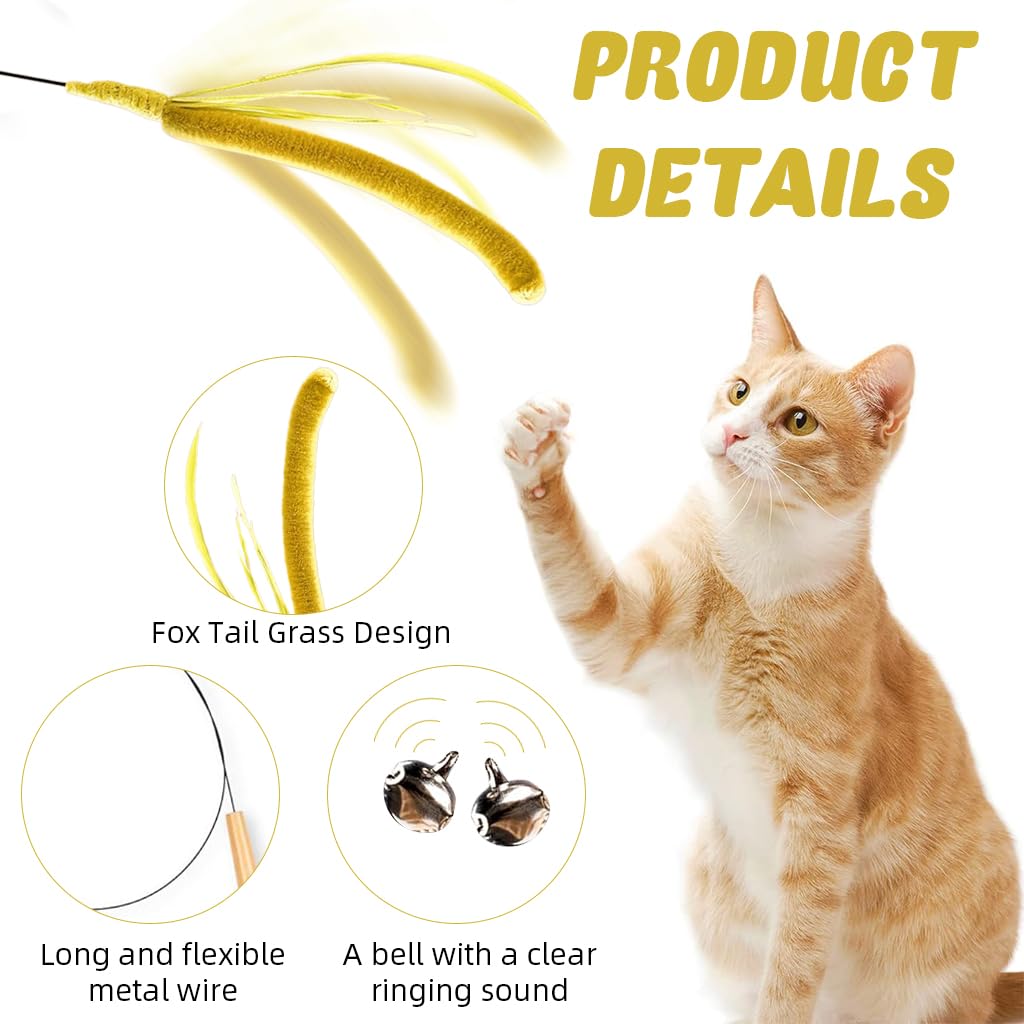 Qpets Cat Teaser Wand for Indoor Play with 19.69 in Wire & Realistic Foxtail Grass Attachment