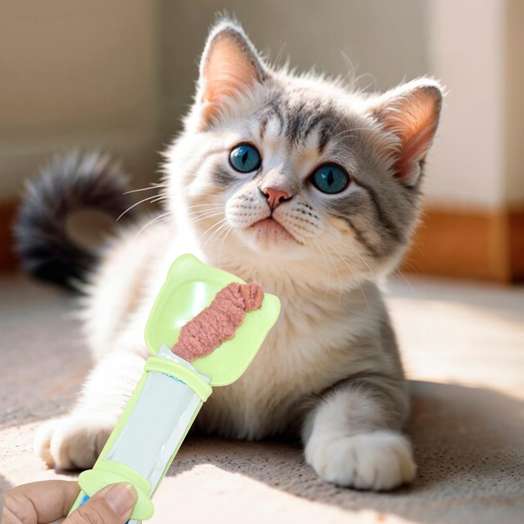 Qpets Cat Treat Feeding Spoon for Soft and Moist Snacks with Built In Sliding Squeezer | Food Grade BPA Free Silicone Portable Design