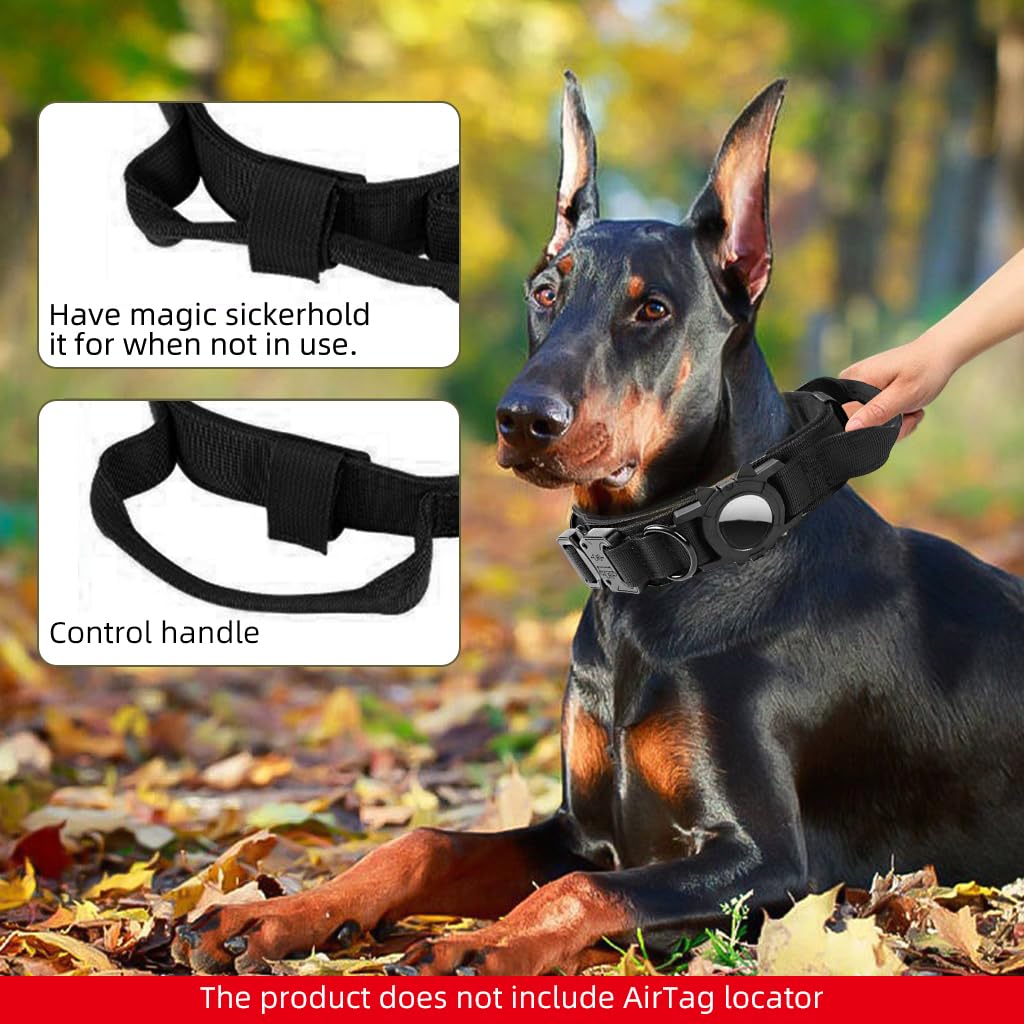 Qpets Tactical Dog Collar for Large Dogs with AirTag Holder and Handle | 50–63cm Nylon