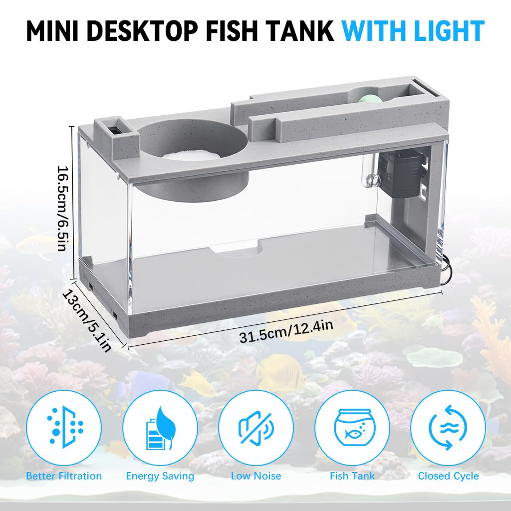 Qpets Small Fish Tank for Betta Fish with LED Light and Air Pump 31.5×13×16.5cm | USB Powered Hydroponics Pot for Home Office Decor