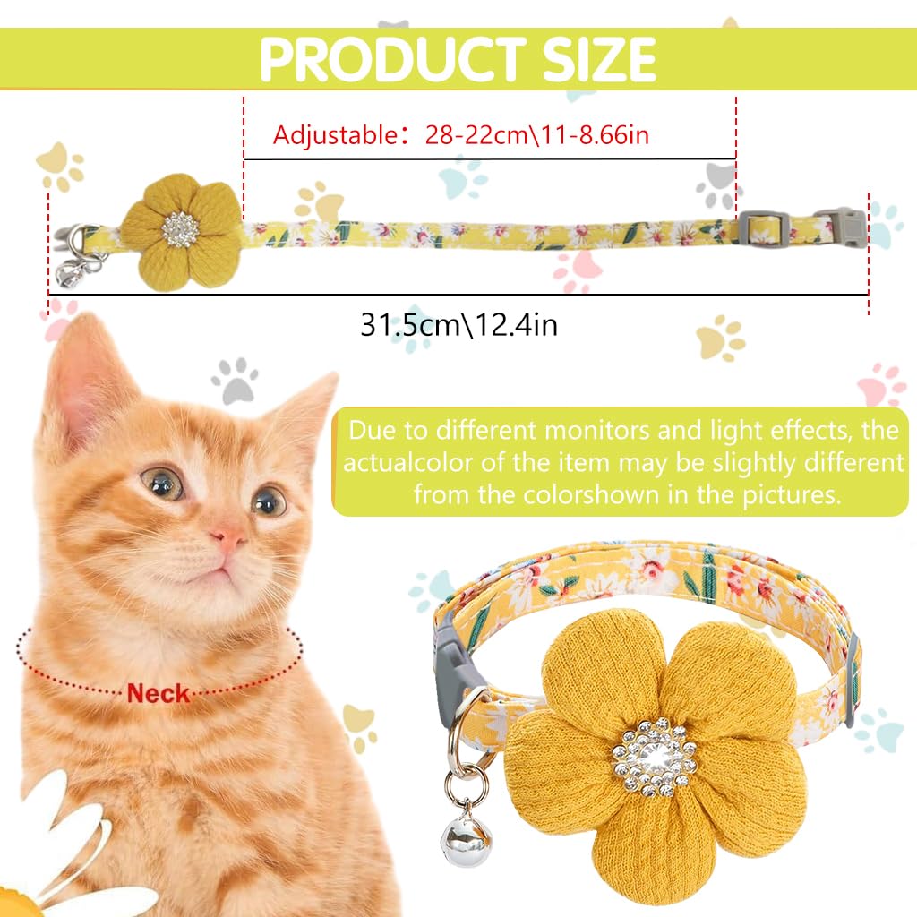 Qpets Cat Collar with Quick Release Buckle and Silver Bell | Adjustable 19–32 cm Yellow Crochet Flower