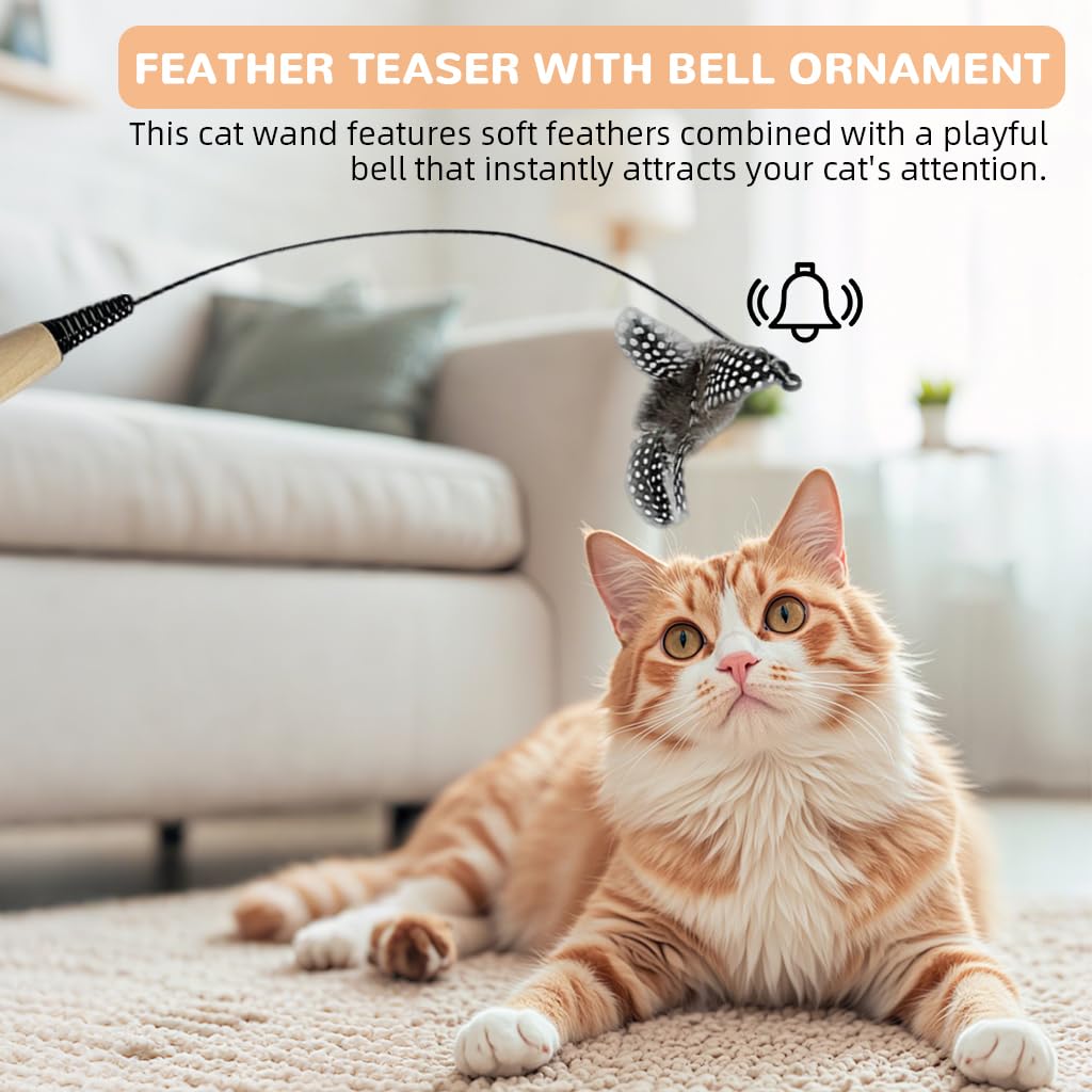 Qpets Cat Teaser Wand for Interactive Play with 0.8mm Fiberglass Rod and Beechwood Handle | Natural Feather Bell Toy