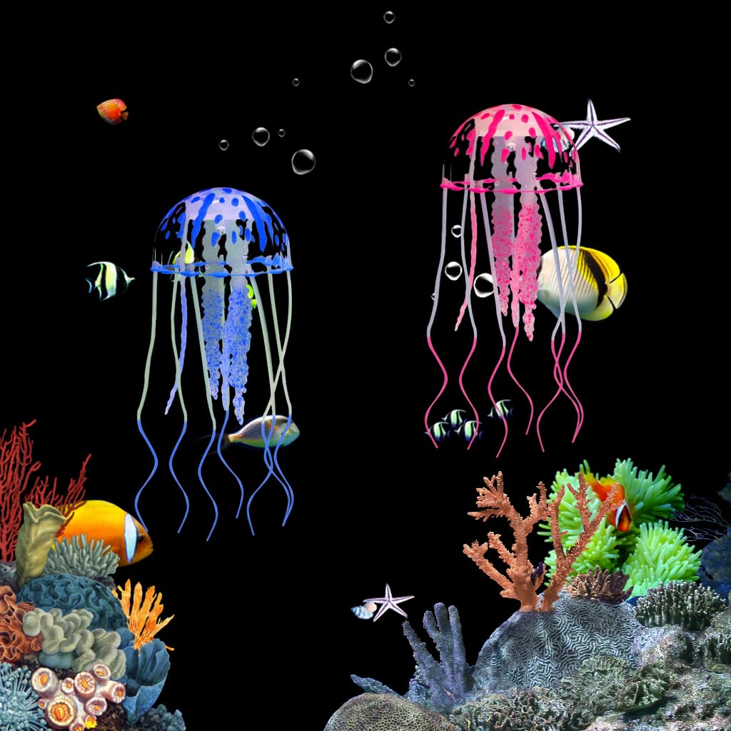 Qpets Realistic Silicone Jellyfish Aquarium Decorations for Fish Tanks featuring Floating Fluorescent Effect | Safe for Freshwater and Saltwater