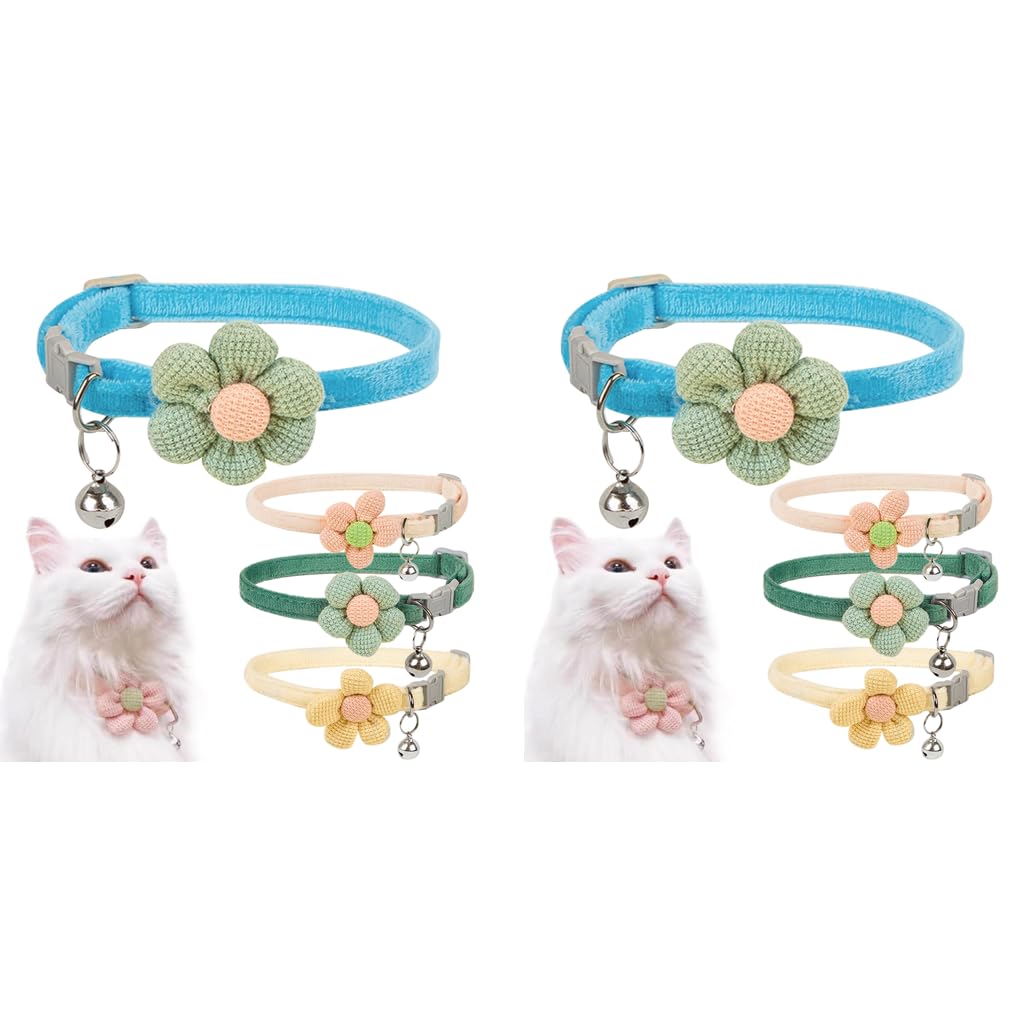 Qpets Cat Collar Set 8PCS Adjustable 19–32cm with Crochet Flower and Silver Bell | Gift for Cat Lovers