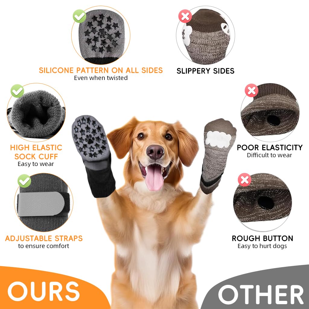 Qpets Dog Socks for Paw Protection with Reflective Straps and Non Slip Grip | 4pcs Cotton Set 8cm Width 18cm Length