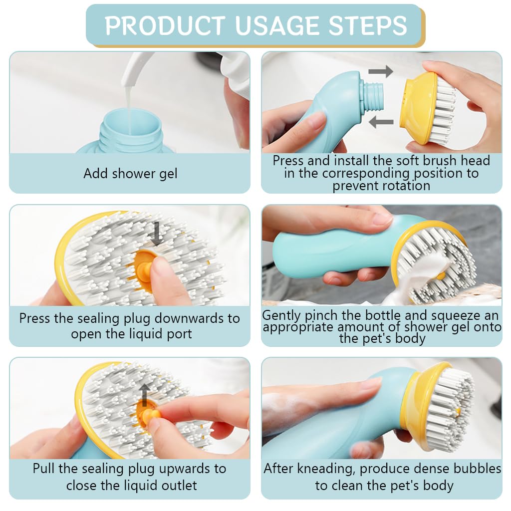 Qpets Pet Grooming Brush for Dogs and Cats with Shampoo Dispenser and Soft TPR Bristles