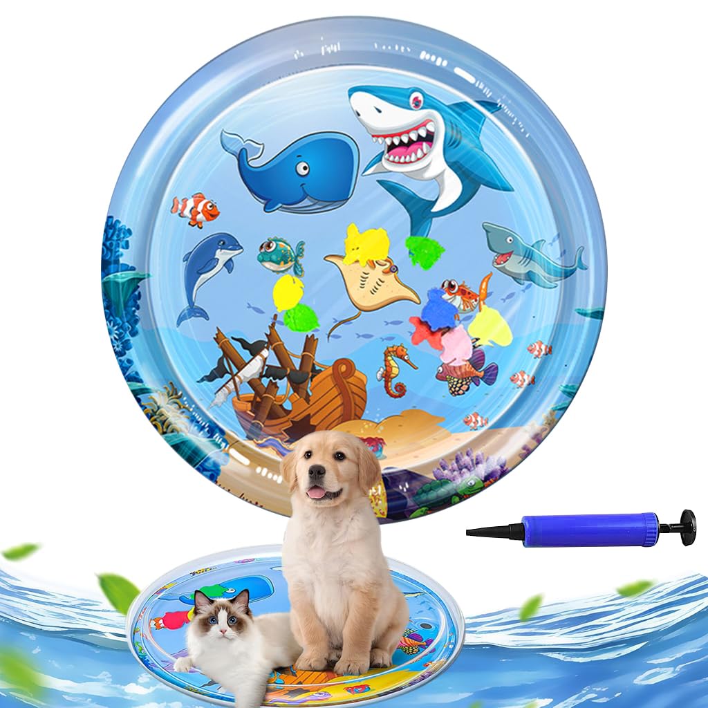 Qpets Cat Water Bed for Summer Cooling with Built in Fish Ornaments and Air Pump | 39.37 in Thicken PVC Mat